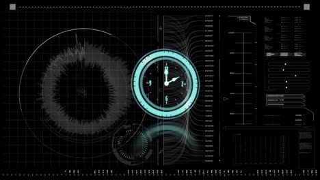 Neon-digital-clock-ticking-against-digital-interface-with-data-processing-on-black-background