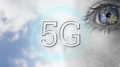 5g-text-and-round-scanners-over-close-up-of-earth-pattern-on-female-eye-against-clouds-in-the-sky