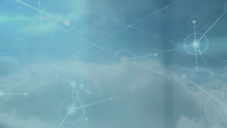 Animation-of-network-of-connections-with-statistics-over-clouds-and-sky-in-background