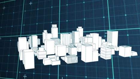 Animation-of-digital-3d-cityscape-spinning-over-grid