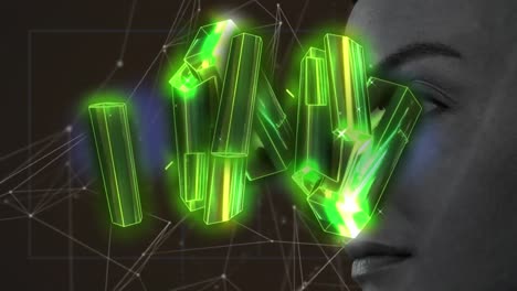 3D-Grün-Leuchtende-Formen-Vor-Nahaufnahme-Einer-Frau-Und-Netzwerk-Von-Verbindungen-Auf-Schwarzem-Hintergrund
