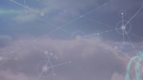 Animation-of-network-of-connections-with-glowing-spots-over-clouds-and-sky-background