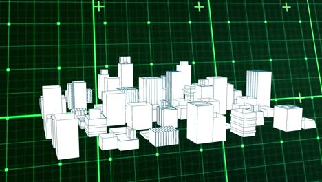 Digital-animation-of-3d-city-model-spinning-against-grid-network-on-black-background