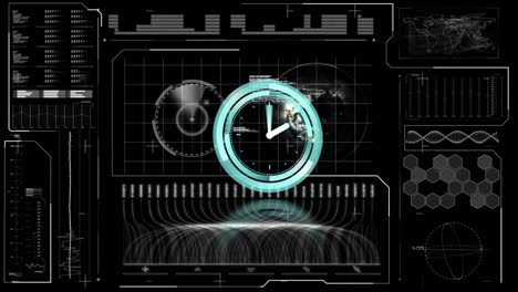 Animation-of-hands-turning-on-blue-clock-over-black-and-white-interface-with-data-processing