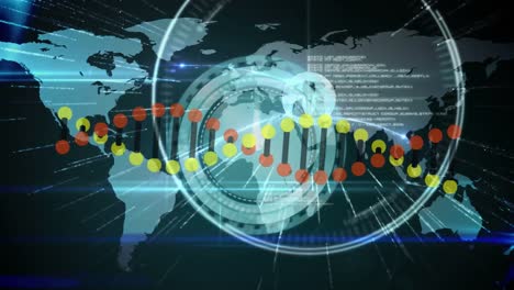 Animation-Eines-DNA-Strangs,-Der-Sich-über-Den-Globus-Dreht,-Und-Datenverarbeitung