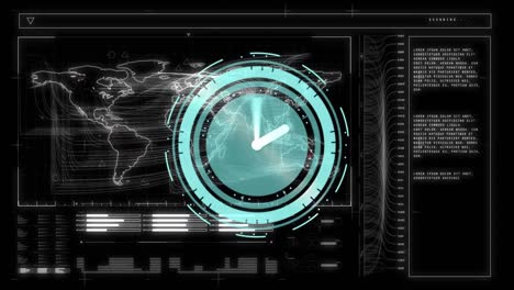 Digital-clock-ticking-over-world-map-and-digital-interface-with-data-processing-on-black-background