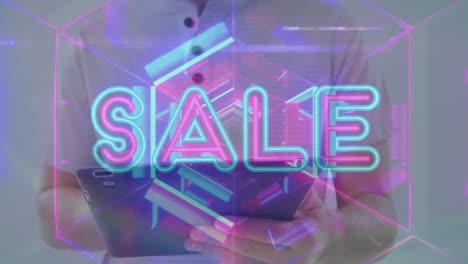 Animation-of-red-and-pink-neon-tunnel-and-text-sale,-over-happy-man-using-tablet