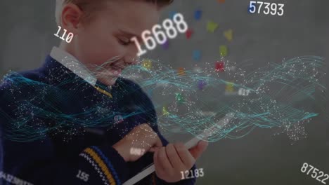 Animation-of-network-of-connections-and-data-processing-over-smiling-schoolboy-using-tablet