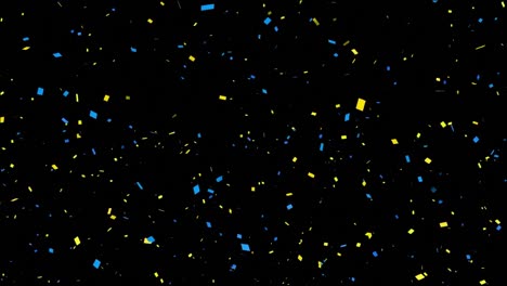 Animation-of-yellow-and-blue-confetti-falling-on-black-background