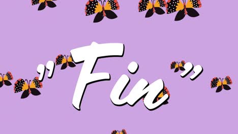 Digitale-Animation-Von-Flossentext-Vor-Mehreren-Schmetterlingssymbolen,-Die-Auf-Violettem-Hintergrund-Schweben
