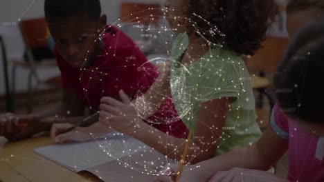 Animation-of-globe-with-network-of-connections-over-school-children-writing