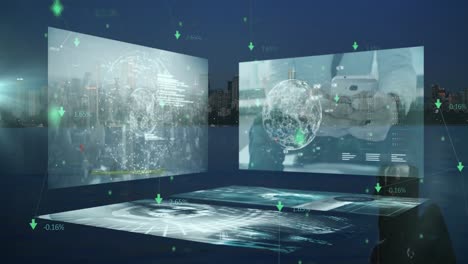 Animation-of-globe-and-arrows-over-data-processing-on-screens