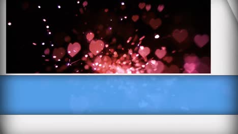 Animation-of-blue-and-white-panels-opening-on-red-hearts-and-glitter-falling-on-black