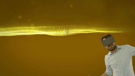 Animation-of-man-wearing-vr-headset-against-yellow-mesh-and-brown-background