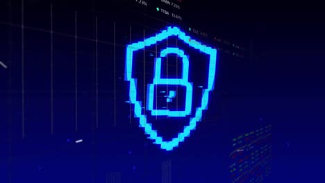 Sicherheitsvorhängeschloss-Symbol-Gegen-Finanz--Und-Börsendatenverarbeitung-Vor-Blauem-Hintergrund