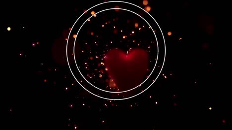 Animation-Von-Weißen-Kreisen-Und-Roten-Herzen-Und-Glitzer,-Die-Auf-Schwarzen-Hintergrund-Fallen