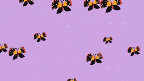 Digital-animation-of-multiple-butterfly-icons-and-white-particles-floating-against-purple-background