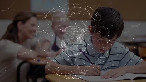 Animation-of-globe-with-network-of-connections-over-schoolboy-writing