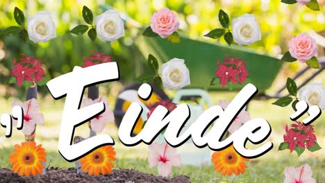 Einde-text-over-multiple-colorful-flowers-icons-floating-against-garden-in-background