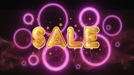 Digital-animation-of-sale-text-golden-foil-balloons-over-neon-circular-shapes-against-diigtal-waves