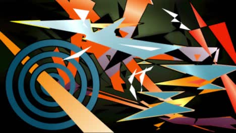 Animation-of-multiple-abstract-retro-vibrant-coloured-shapes-moving-on-green-background