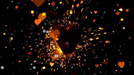 Animation-of-confetti-falling-and-orange-hearts-on-black-background