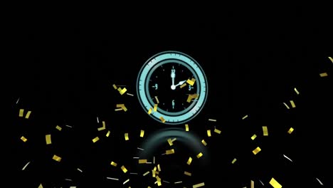 Animation-of-hands-moving-on-clock-with-gold-confetti-falling-on-black-background