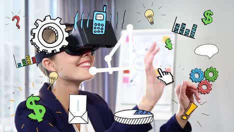 Animation-Eines-Netzwerks-Digitaler-Symbole-über-Einer-Geschäftsfrau,-Die-Ein-VR-Headset-Trägt