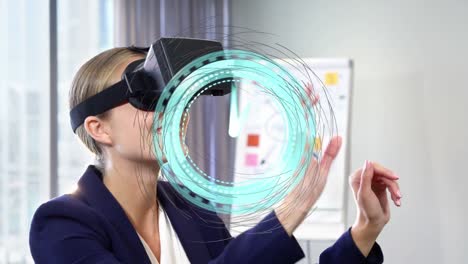 Animation-of-clock-moving-fast-with-network-of-connections-over-businesswoman-wearing-vr-headset