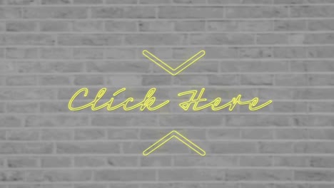 Animation-of-yellow-neon-text,-click-here,-on-monochrome-brick-wall-background