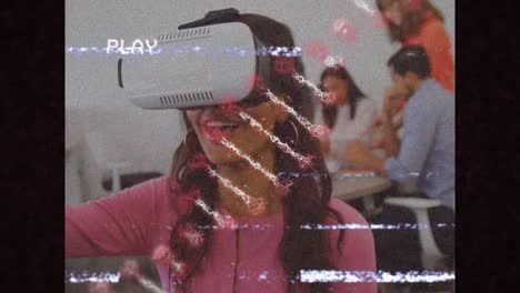 Animation-of-play-digital-interface-with-glitch-over-businesswoman-wearing-vr-headset