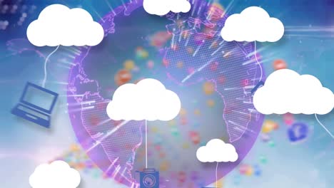 Animation-of-clouds-and-digital-icons-over-globe-spinning-in-background