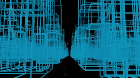 Animation-Einer-Blauen-3D-Stadtlandschaft-über-Violetten-Lichtspuren-Auf-Schwarzem-Hintergrund