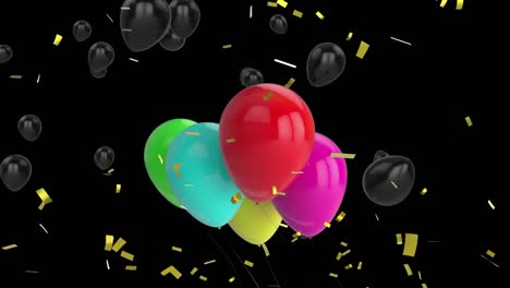 Animation-of-colourful-balloons,-with-floating-black-balloons-and-confetti-falling-on-black