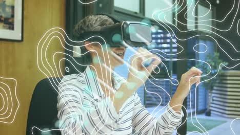 Animation-of-dna-strand-spinning-over-businesswoman-wearing-vr-headset