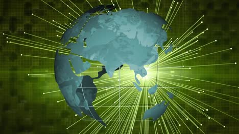 Animation-of-globe-over-network-of-green-light-trails-connection