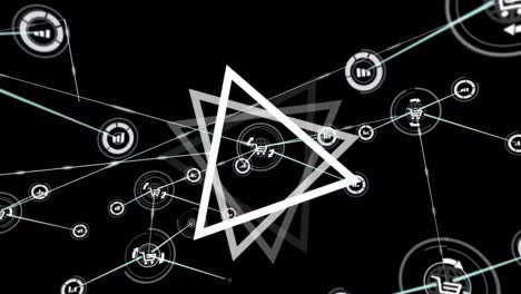 Animation-of-network-of-connections-and-triangle-on-black-background