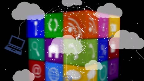 Animation-of-clouds-and-digital-icons-over-cube-on-black-background