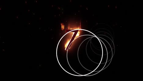 Animation-of-number-7-on-fire-and-white-circles-spinning-on-black-background
