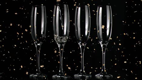 Animation-of-champagne-glasses-and-confetti-falling-on-black-background