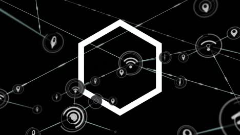 Animation-of-network-of-connections-with-icons-and-hexagons-spinning-on-black-background