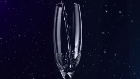 Animation-of-champagne-pouring-into-glass,-with-confetti-falling-on-black-background