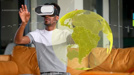 Animation-of-network-of-connection-with-globe-over-businessman-wearing-vr-headset
