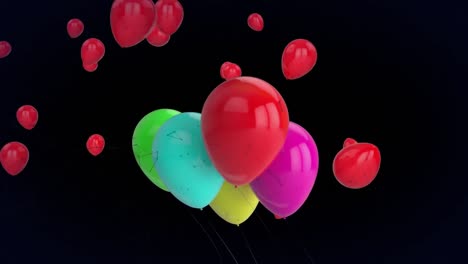 Animation-of-colourful-balloons,-with-floating-red-balloons-and-confetti-falling-on-black