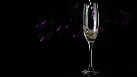 Animation-of-champagne-glasses-and-purple-light-trails-falling-on-black-background