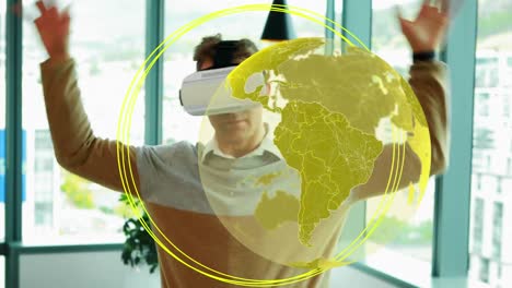 Animation-of-globe-with-network-of-connections-over-businessman-wearing-vr-headset