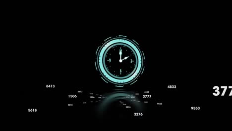 Animation-of-clock-moving-fast-and-numbers-changing-on-black-background
