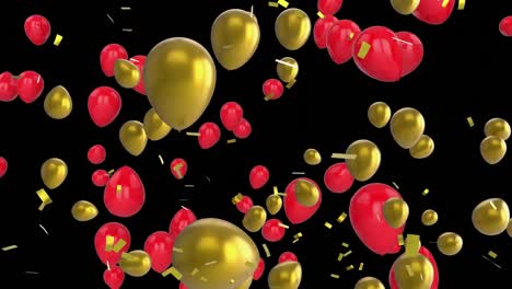 Animation-Von-Schwebenden-Roten-Und-Goldenen-Luftballons,-Die-Aufsteigen,-Und-Goldenem-Konfetti,-Das-Auf-Schwarzem-Hintergrund-Fällt