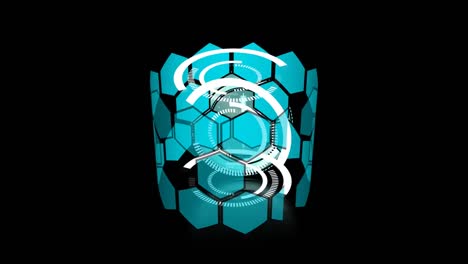 Animation-of-blue-hexagons-over-scope-scanning-on-black-background