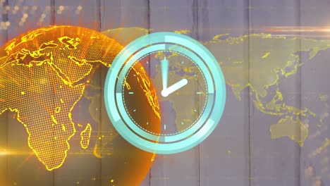 Animation-of-clock-moving-fast-over-globe-spinning-in-background